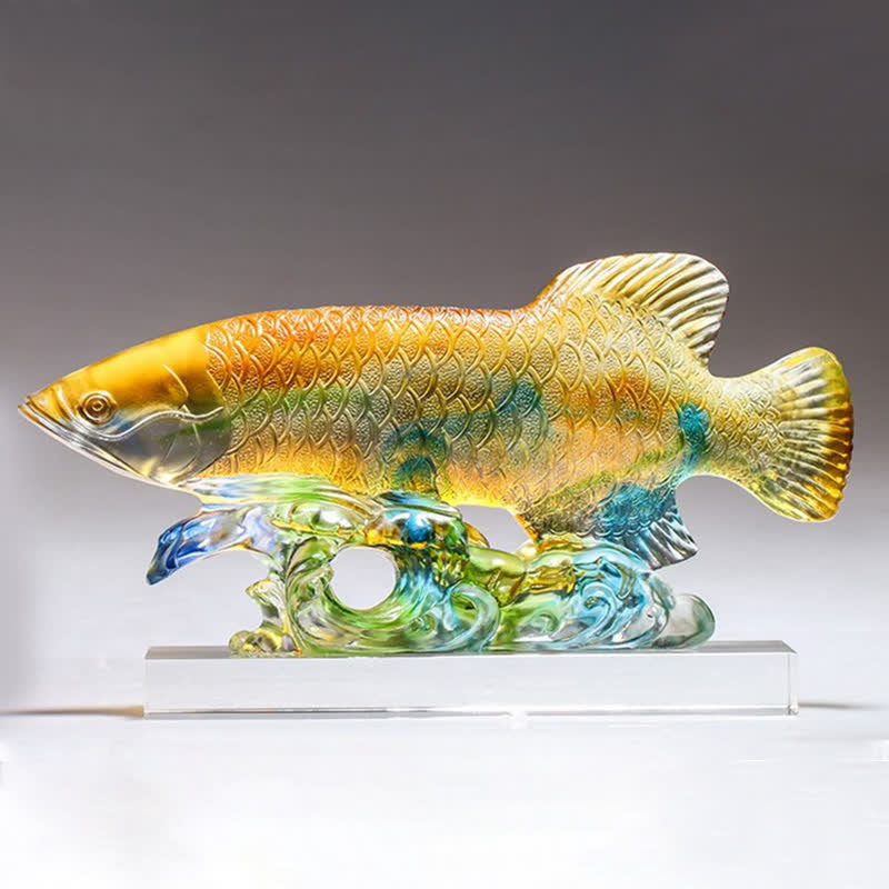 Liuli Crystal Koi Fish Art – On bookshelf home setting, Feng Shui lucky koi decor