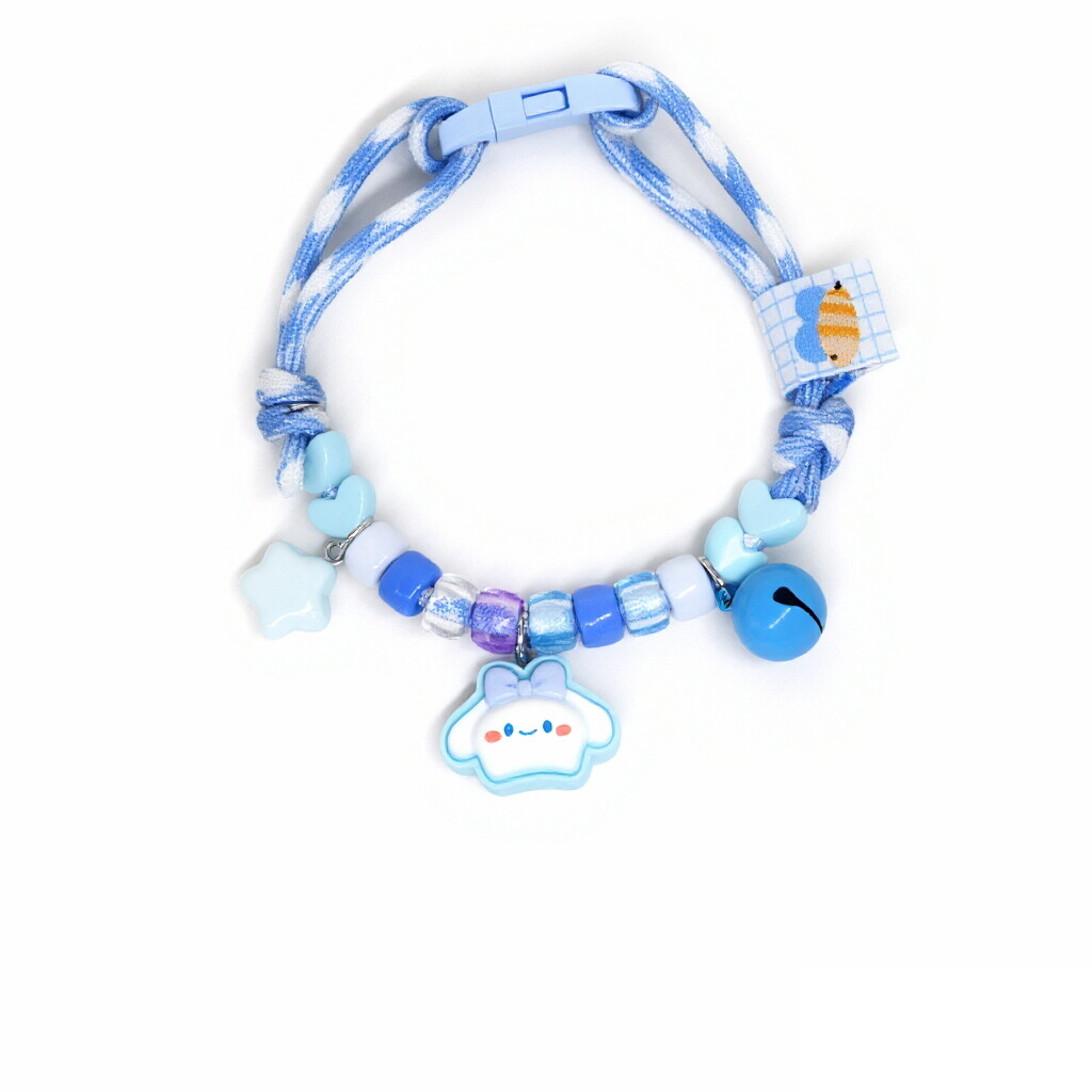 Pet Collar with Bell – Blue-white rope with smiling cloud, star & blue bell, kawaii pet necklace