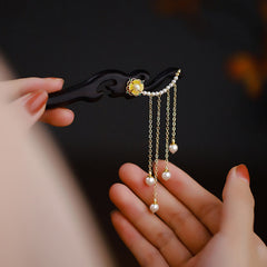 Ebony Wood Pearl Tassel Hairpin, side view