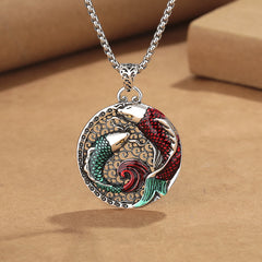 Tibetan Copper Koi Fish Healing Necklace – front view on white, copper koi pendant, healing jewelry