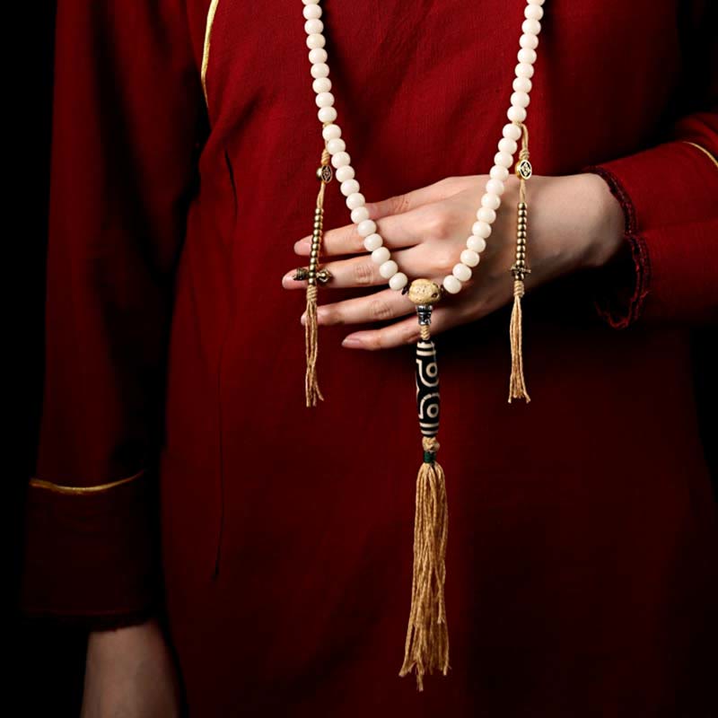 108 Mala Beads Bracelet – Long strand with dzi pendant, burgundy fabric