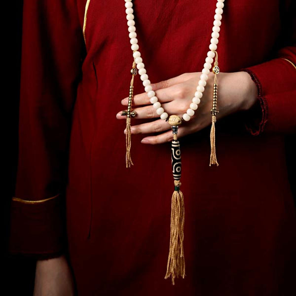 108 Mala Beads Bracelet – Long strand with dzi pendant, burgundy fabric