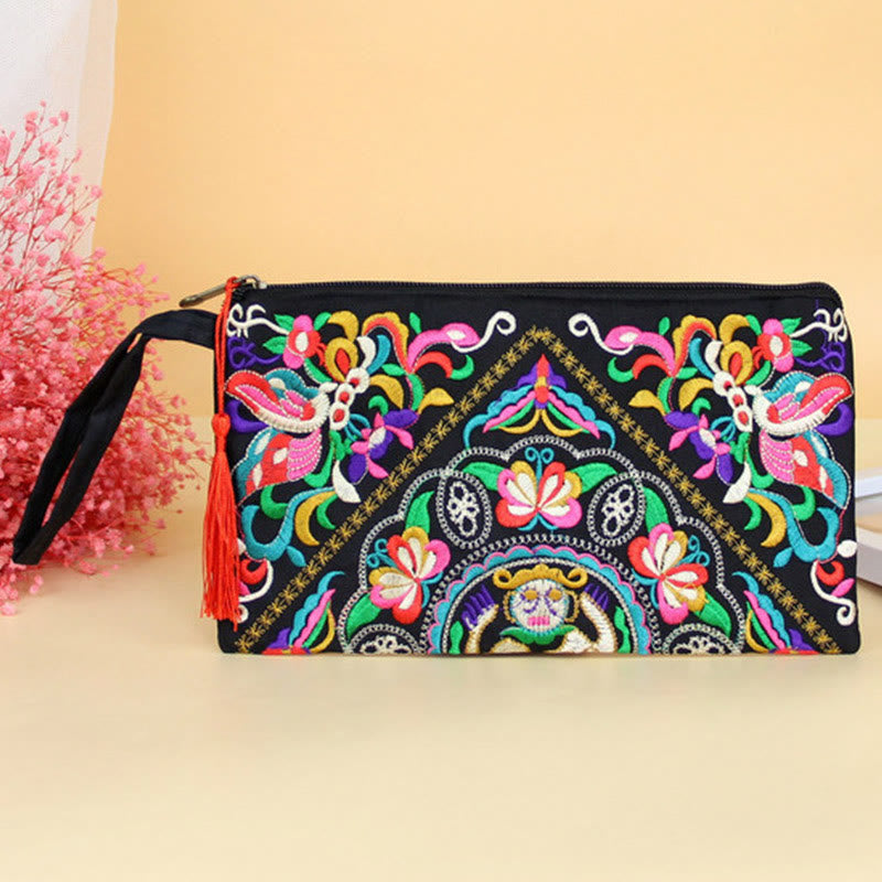 Dragon Butterfly Embroidery Wallet - Central medallion with mirrored butterfly motifs, Vibrant