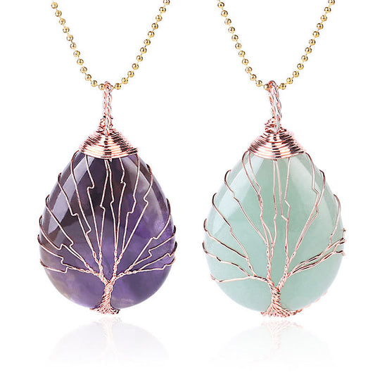 Quartz Crystal Tree of Life Necklace – amethyst and aventurine pendants side by side, rose gold wire, healing