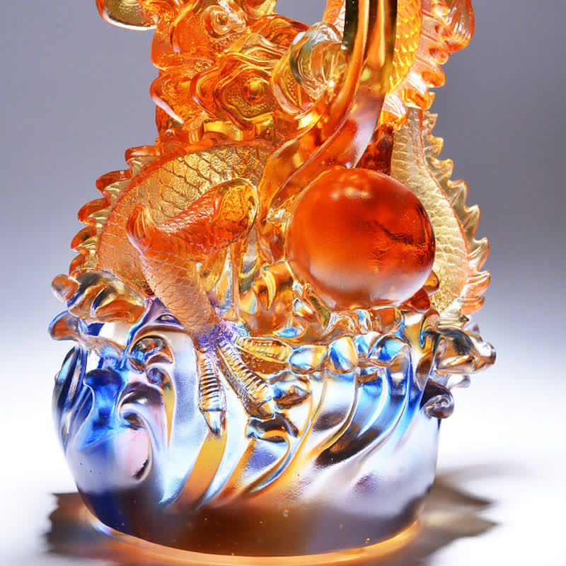 Liuli Crystal Dragon Art - Dragon body with pearl orb and prismatic blue base, collector piece