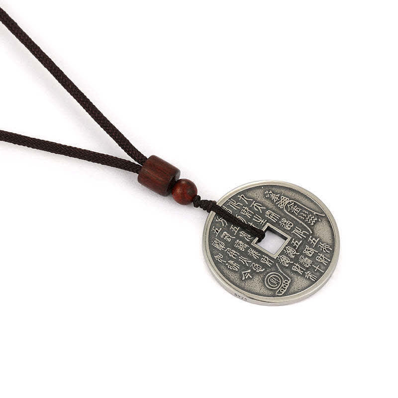 Bagua Yin Yang Obsidian Necklace - S925 silver coin with talisman characters, white background