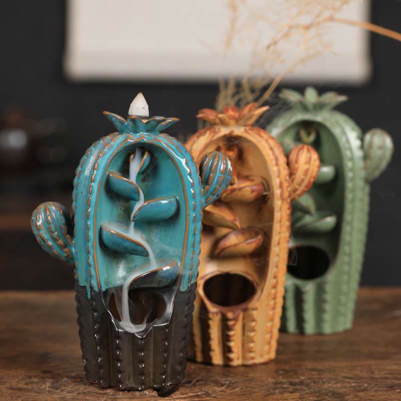 Cactus Backflow Incense Burner – three holders in teal amber sage on wood, ceramic incense holder