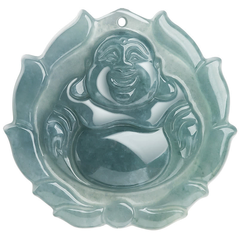 Natural Jade Laughing Buddha Lotus Luck Necklace Pendant – scale with finger comparison, petite jade pendant size