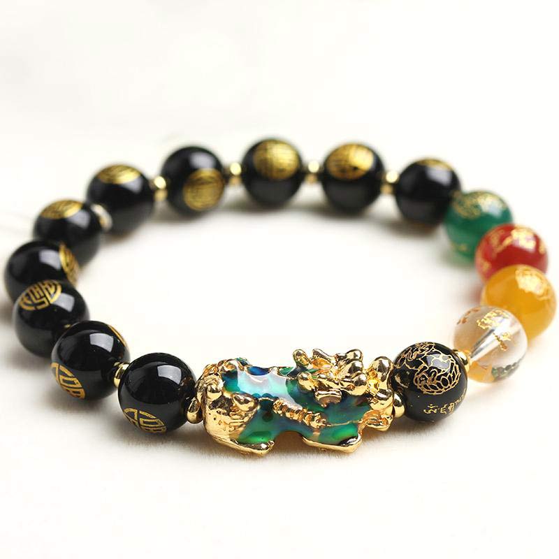 Color-Changing Pixiu Bracelet – Black obsidian beads with color shift charm, feng shui