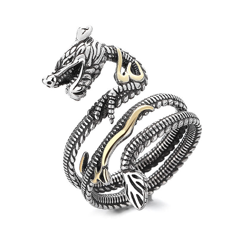 Vintage Dragon Pattern Copper Ring - Dragon wrap ring on white background, bold