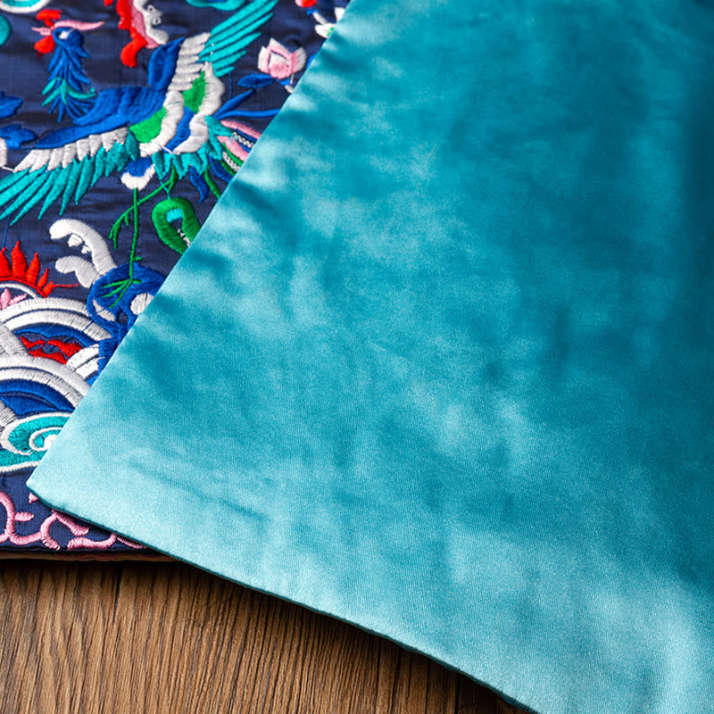 Phoenix Dragon Kirin Embroidery Tea Cup Mat - Folded navy mat with turquoise velvet back, Dual-Layer Quality