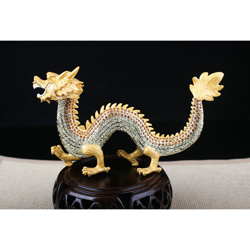 Handmade Feng Shui Dragon Decoration – Gold crystal dragon full side view, four-clawed walking stance, Majestic