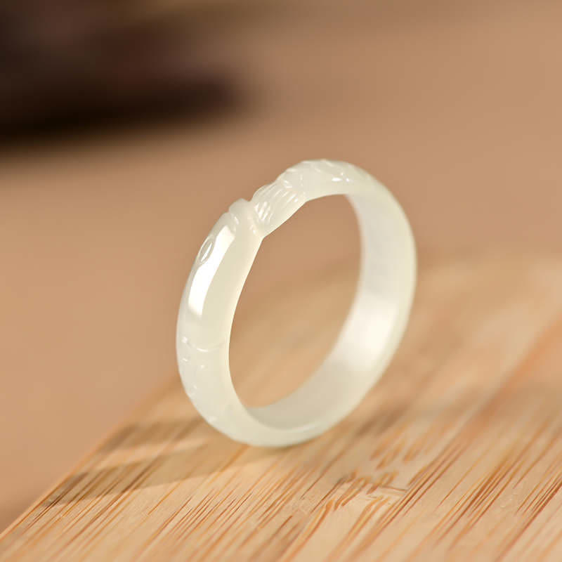 Hetian White Jade Cyan Jade Koi Fish Ring – side profile showing ring band width and jade setting, luck ring