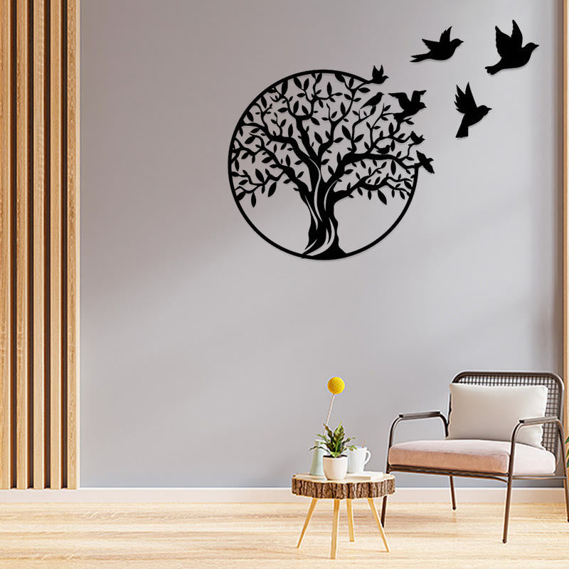 Tree of Life Birds Metal Wall Art - black tree circle with birds on gray wall, oak slats and yellow flower