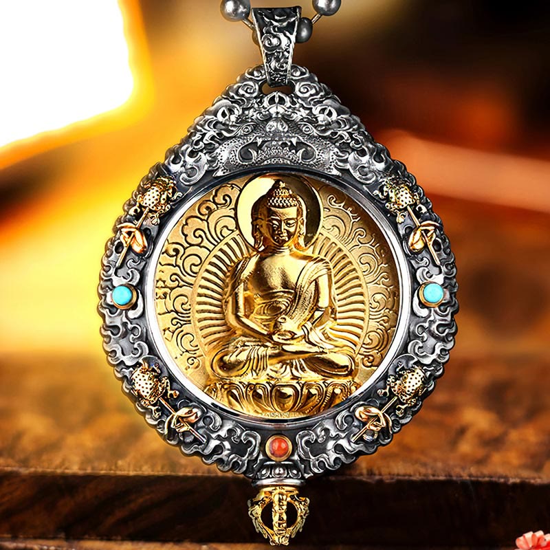 Zodiac Buddha Thangka Wealth Rotatable Pendant – golden Rat Buddha front view in ornate silver frame with turquoise, sacred