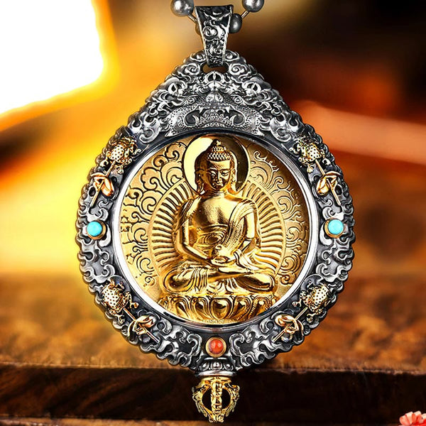 Zodiac Buddha Thangka Wealth Rotatable Pendant – golden Rat Buddha front view in ornate silver frame with turquoise, sacred