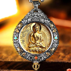 Zodiac Buddha Thangka Wealth Rotatable Pendant – golden Rat Buddha front view in ornate silver frame with turquoise, sacred
