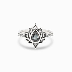 Sterling Silver Lotus Ring – Clear zircon lotus front view with oxidized details, silver ring