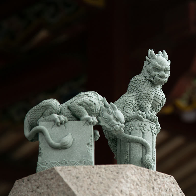 Feng Shui Dragon Sandstone Statue pair on rock base, qilin guardians, sage green stone, protective