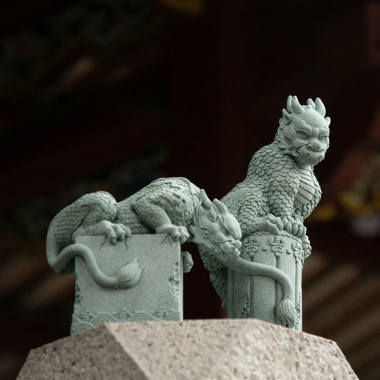 Feng Shui Dragon Sandstone Statue pair on rock base, qilin guardians, sage green stone, protective