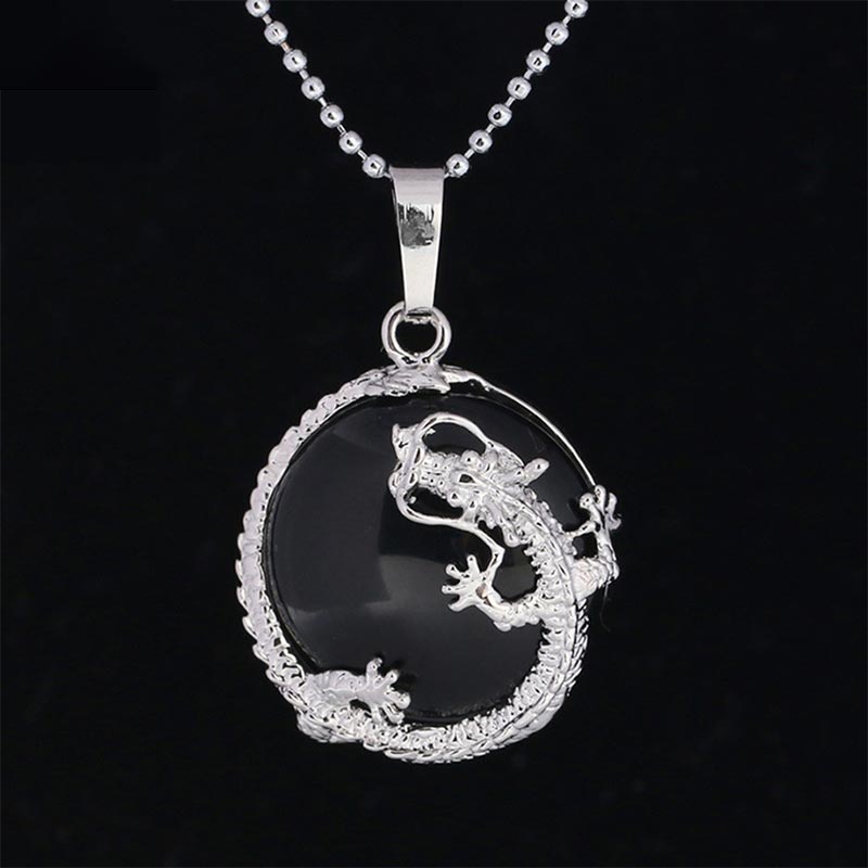 Dragon Multi-Stone Crystal Healing Pendant – Black onyx dragon with detailed scale texture, protective