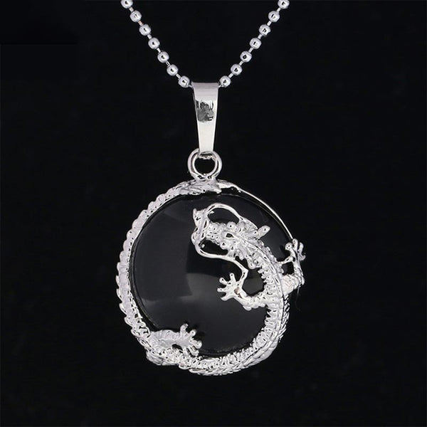 Dragon Multi-Stone Crystal Healing Pendant – Black onyx dragon with detailed scale texture, protective