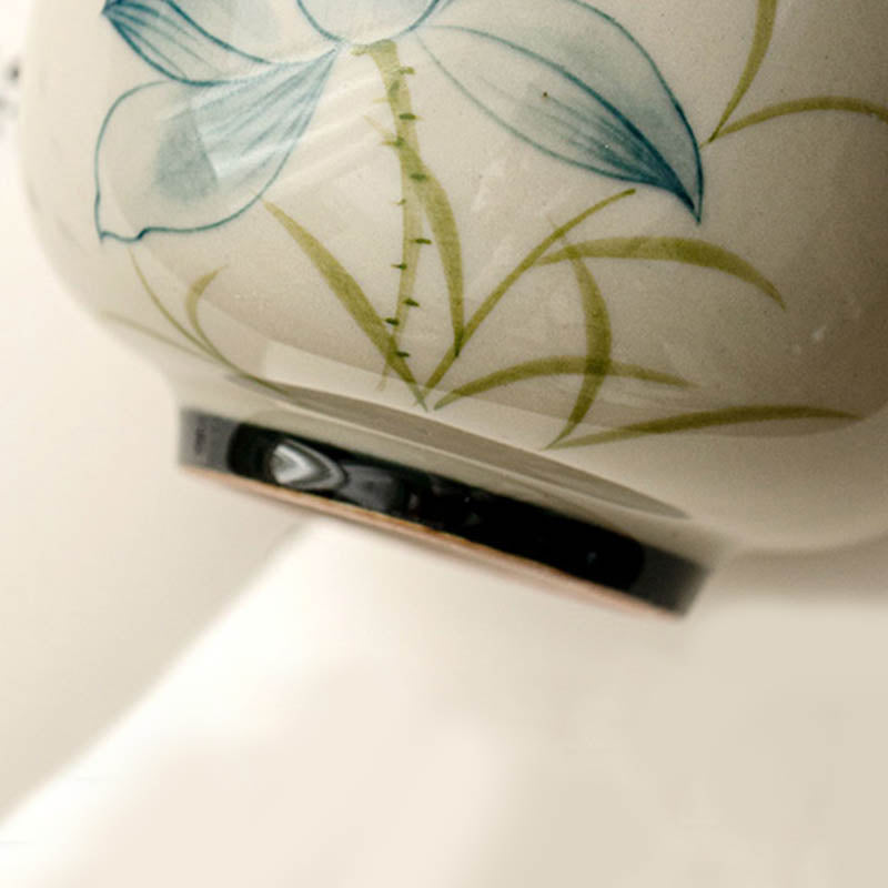 Hand Painted Lotus Tea Cup – low angle view of dark foot ring and lotus painting, white background, handmade quality