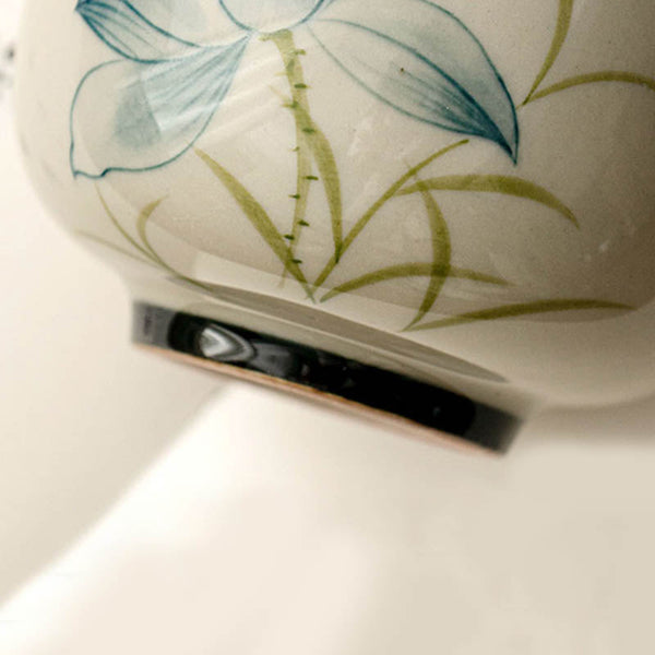 Hand Painted Lotus Tea Cup – low angle view of dark foot ring and lotus painting, white background, handmade quality