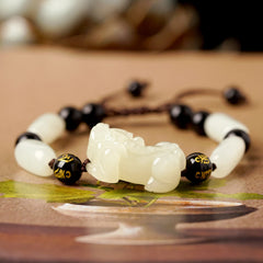 Hetian White Jade PiXiu Bracelet – White barrel beads with black mantra beads and jade PiXiu