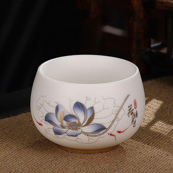 Dragon Cicada Ceramic Tea Bowl - blue lotus with red koi fish and Chinese calligraphy, gold petals on cream ceramic