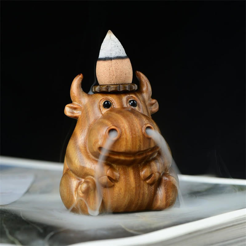 Green Sandalwood Backflow Incense Burner – Calf exhaling smoke downward, carved wood effect