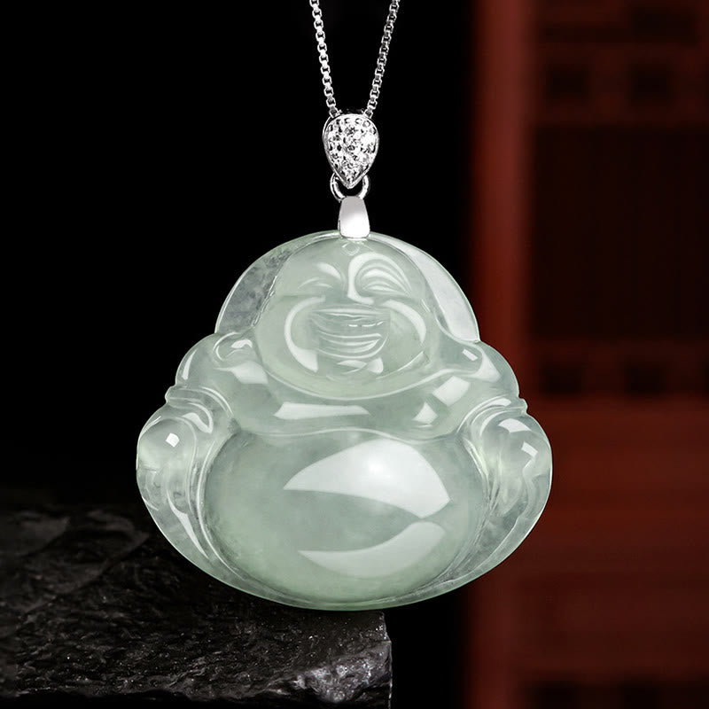 Jade Laughing Buddha Necklace – front view, titanium steel chain