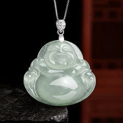 Jade Laughing Buddha Necklace – front view, titanium steel chain