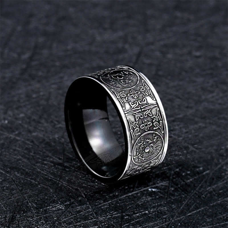 Four Guardian Beasts Ring – animal medallions with tribal geometry, Heritage