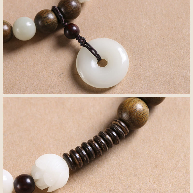 Bodhi Seed Sandalwood Lotus Bracelet - macro detail of white jade translucency and wood grain texture