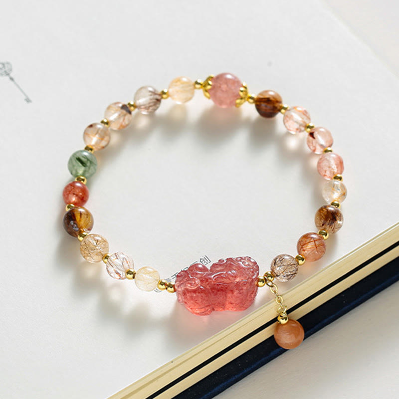 Rutilated Quartz Strawberry Quartz PiXiu Bracelet, image 3, healing bracelet