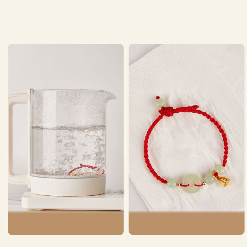 Jade Peace Buckle Lotus Bracelet – split panel showing water durability test and cord detail, Durable
