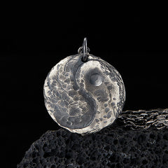 Sterling Silver Yin Yang Necklace – Hammered texture pendant on oxidized chain, volcanic rock display