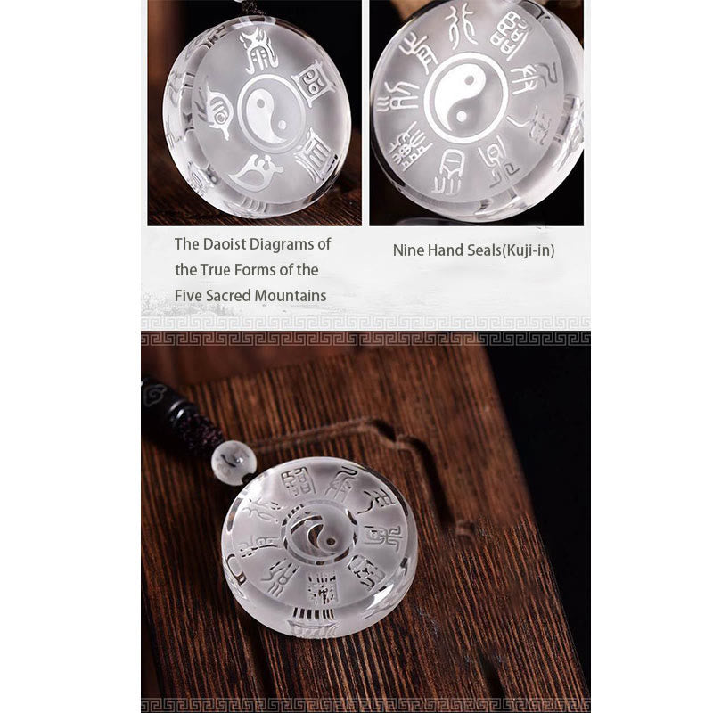 Crystal Yin-Yang Pendant - dual-sided Five Sacred Mountains and Kuji-in engravings, Chinese spiritual amulet