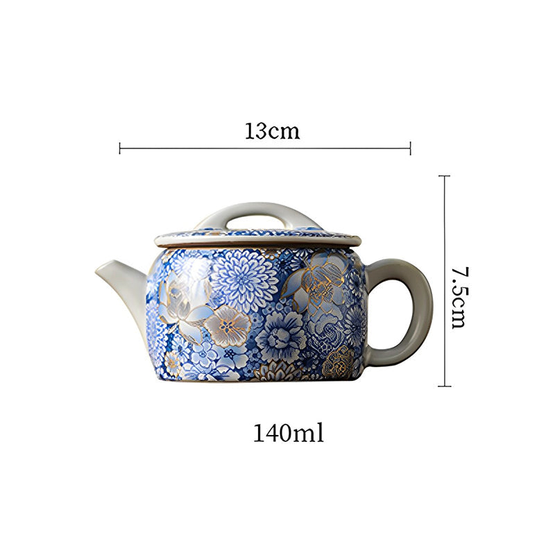 Lotus Chrysanthemum Ceramic Teapot - Side profile with size specs and crackle glaze, 140ml