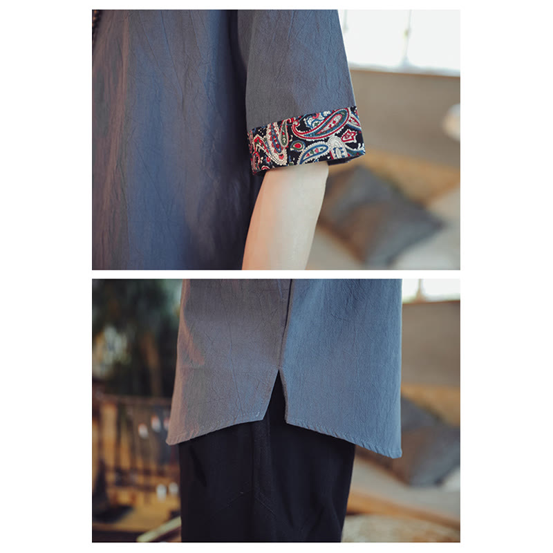 Dragon Embroidery Frog-Button Linen Tang Suit Shirt - Sleeve cuff detail and back slit, functional