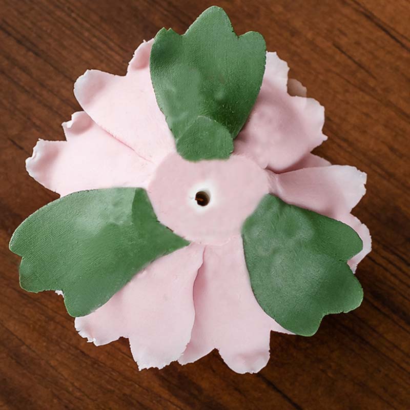 Lotus Ceramic Incense Burner – Pink flower overhead on wood, Handcrafted