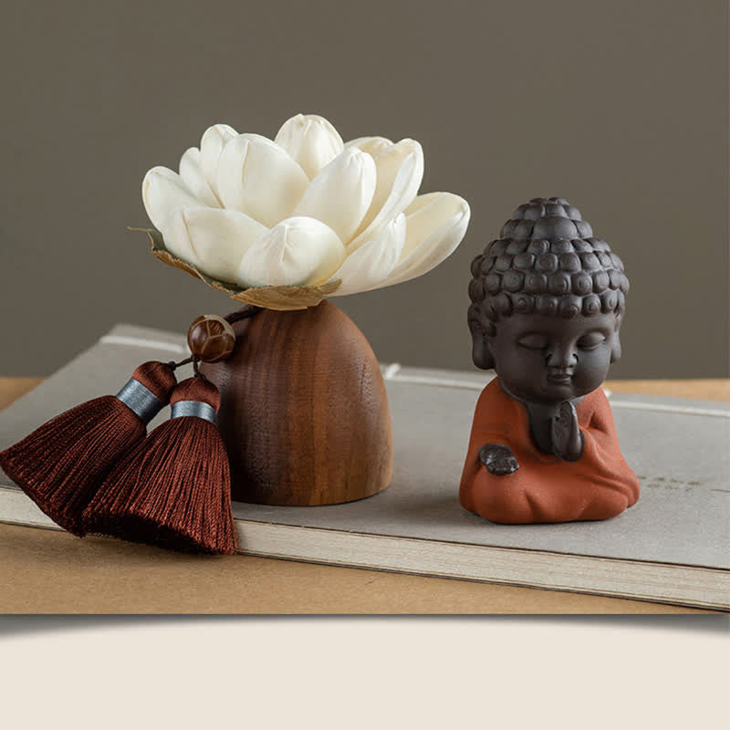 Black Peach Wood Buddha Flower Decoration – three-quarter angle dark wood grain detail, rustic home decor
