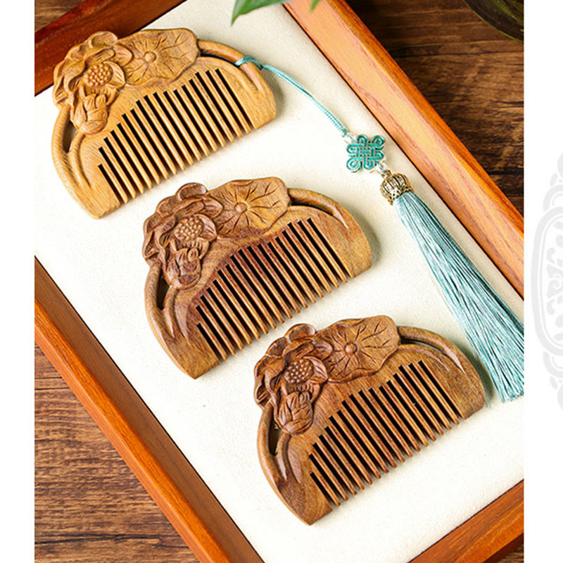 Green Sandalwood Lotus Leaf Engraved Soothing Comb, image 9