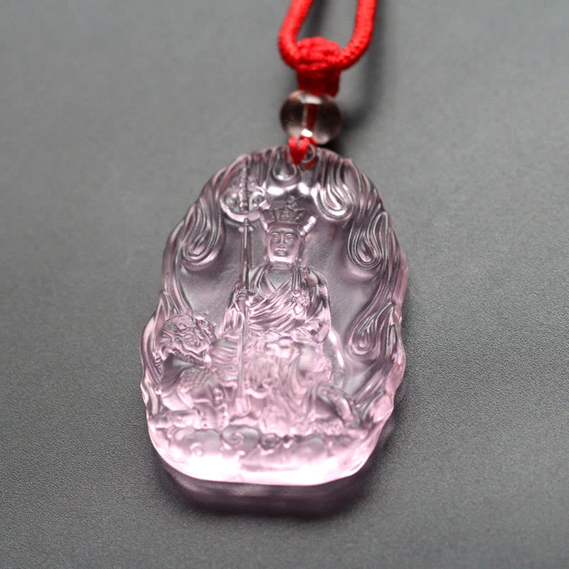 Ksitigarbha Buddha Liuli Crystal Necklace - Pink crystal amulet red cord, Ksitigarbha on mythical beast