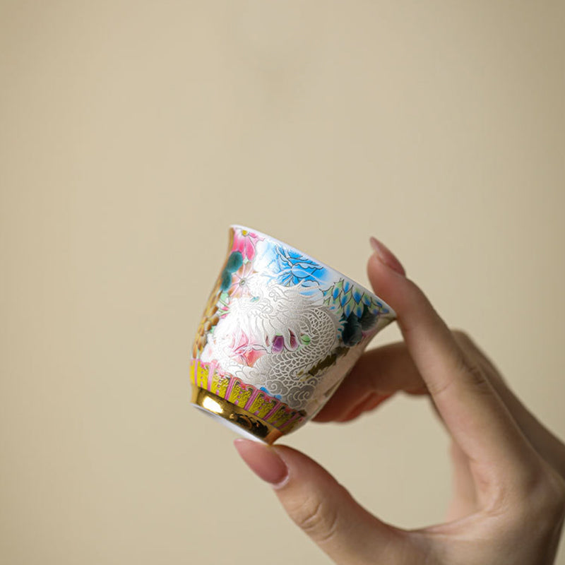 Dragon Phoenix Ceramic Teacup - Close-up of enameled dragon and pink florals with gilded foot, Handcrafted