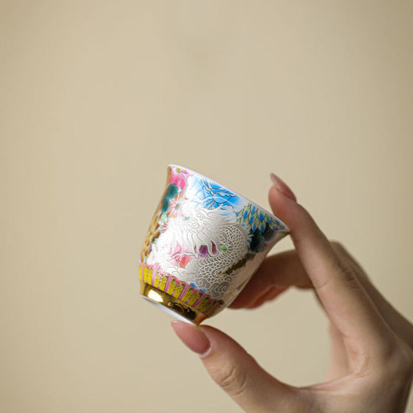 Dragon Phoenix Ceramic Teacup - Close-up of enameled dragon and pink florals with gilded foot, Handcrafted