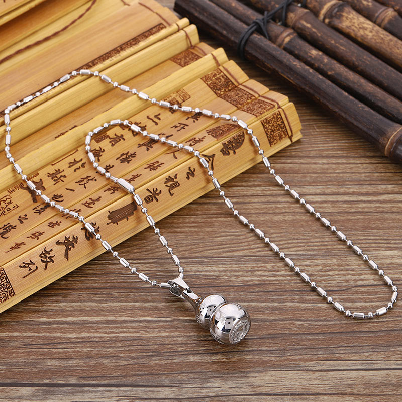 Tibetan Yin Yang Gourd Necklace - Silver gourd pendant with bead chain on bamboo scroll, men necklace