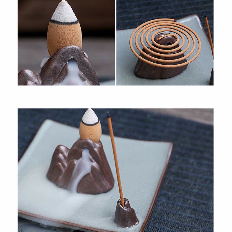 Lotus Ceramic Backflow Incense Burner - three-panel mountain set showing cone, coil and stick compatibility