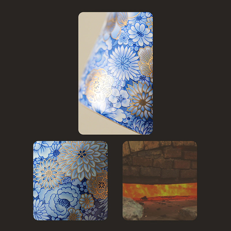 Lotus Chrysanthemum Ceramic Tea Cup - Multi-angle panel showing blue floral detail and interior, artisan